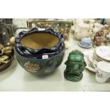 LOVATTS LANGLEY WARE BLUE JARDINIERE, and a green glazed JESTERS HEAD PATTERN TOBACCO JAR AND COVER,