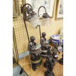 PAIR OF BRONZED METAL FIGURAL TABLE LAMPS WITH GLASS SHADES