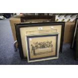 FOUR FRAMED VICTORIAN CARTOON PRINTS AND TWO OTHER PICTURES