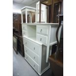 A MODERN WHITE FINISH BEDROOM FURNITURE TO INCLUDE; A KNEEHOLE DRESSING TABLE, MIRROR AND STOOL