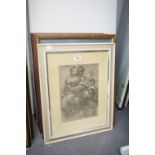 A VICTORIAN STEEL ENGRAVING, LADIES AND CHILDREN AND SIX VARIOUS PRINTS