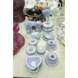 COLLECTION OF FOURTEEN PIECES OF PALE BLUE WEDGWOOD JASPERWARE, including, two pairs of vases,