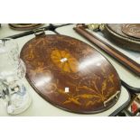 EDWARDIAN INLAID MAHOGANY OVAL TWO HANDLED TRAY, 27" X 17 1/2" lacking original wavy galleried