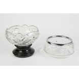 MOULDED GLASS FRUIT BOWL WITH BLACK GLASS STAND, AND ANOTHER WITH ELECTROPLATED RIM (2)