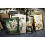 AN OIL PAINTING SIGNED L. WILLIAMS 1985 FLOWERS WITH APPROX 13 SMALL FRAMED PRINTS ETC....