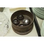 AGED CIRCULAR OAK BOX AND COVER, A SET OF FOUR BROWN BAKELITE FURNITURE CASTOR SUPPORTS (5)