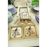TWO FRAMED VICTORIAN TILES, DEPICTING BIRDS AND AN ORIENTAL PICTURE OF CRANES