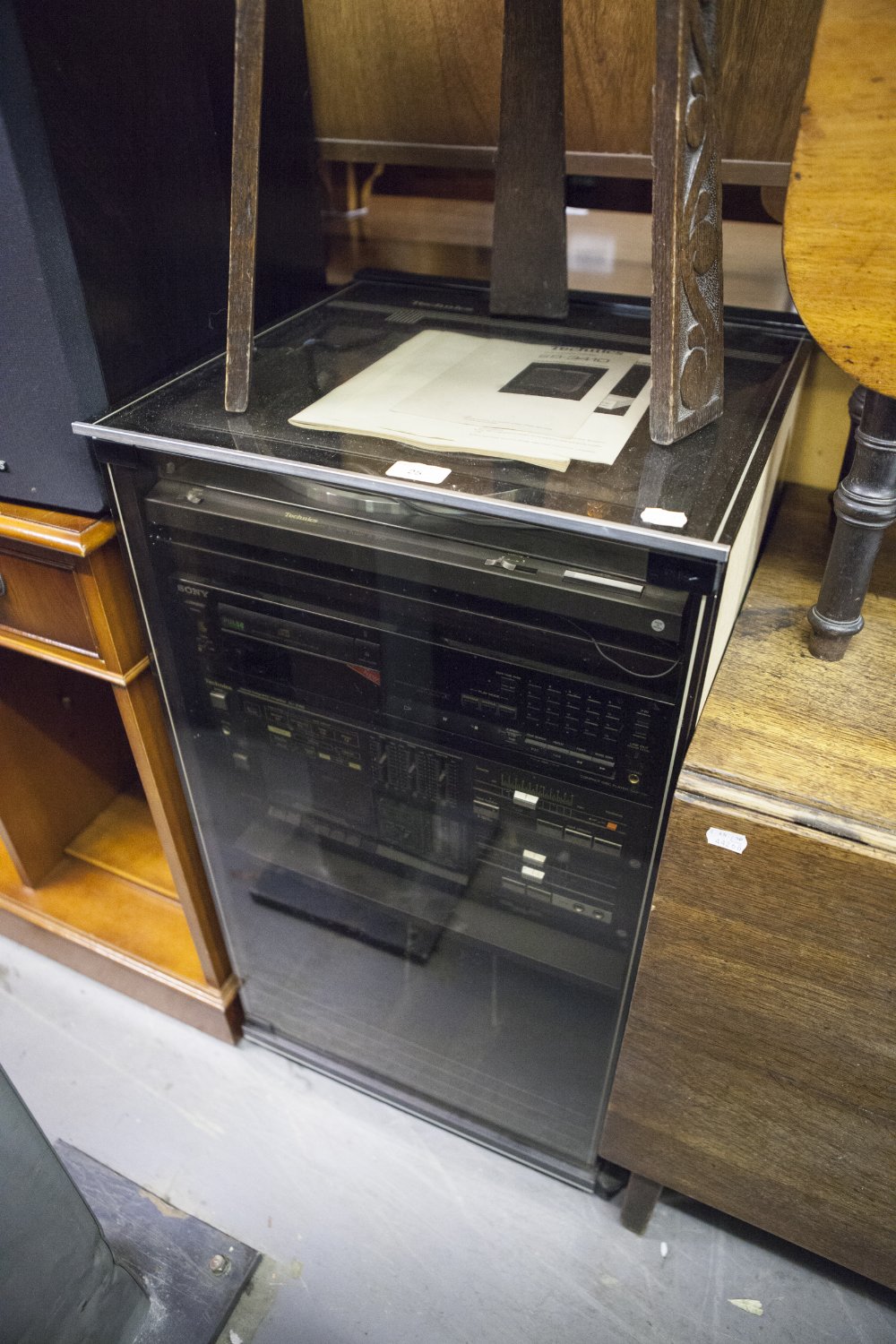 SONY STACKING STEREO SYSTEM WITH RECORD TURNTABLE, IN GLASS CABINET WITH PAIR OF LOUDSPEAKERS