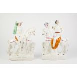PAIR OF NINETEENTH CENTURY STAFFORDSHIRE LARGE POTTERY EQUESTRIAN FIGURES OF THE 'DUCHESS' AND 'DUKE