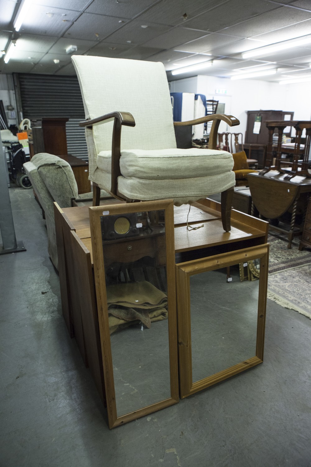 THREE VARIOUS TEAKWOOD OPEN BOOKCASES, A CIRCA 1960's TWO TIER TEA TROLLEY AND TWO PINE FRAMED