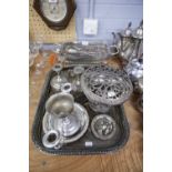 A SILVER PLATE OBLONG TRAY WITH PIERCED GALLERY SIDES, A CASSEROLE DISH, ASHTRAYS, A ROSE BOWL,