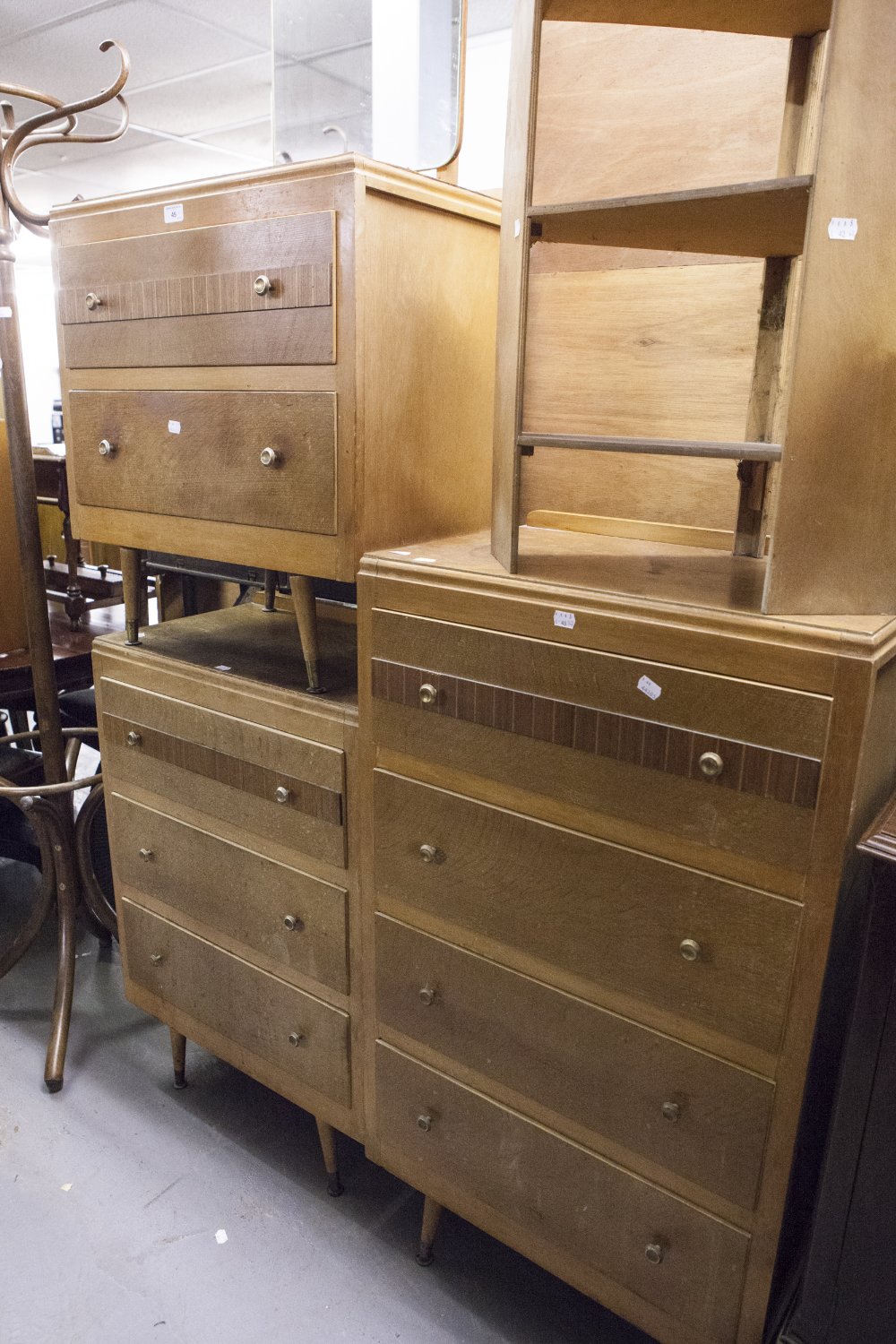 A LIGHT OAK TALLBOY CHEST OF FOUR DRAWERS, A MATCHING CHEST OF THREE DRAWERS WITH TWO DRAWERS AND