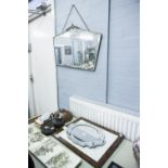 ART DECO FAN SHAPED BEVEL EDGE WALL MIRROR IN METAL FRAME, another mirror and a framed print (3)