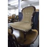 VICTORIAN MOULDED WALNUTWOOD LADIES EASY CHAIR, the moulded, waisted, show-wood back above a