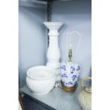 A MODERN CHINESE BLUE AND WHITE SATSUMA LAMP ON WOODEN STAND AND A WHITE GLAZED JARDINIERE ON