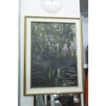 A MARIACCHI, OIL PAINTING ON BAORD TREE REFLECTED IN A RIVER SIGNED VERSO 27" X 19"