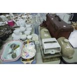 MIXED LOT TO INCLUDE; STONEWARE HOT WATER BOTTLES, DECANTERS, GOLDEN JUBILEE 1952-2002 TEA