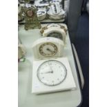 TWO, CIRCA 1940s, SMITHS CREAM PLASTIC CASED MANTEL CLOCKS, A SMITHS GILT COMPOSITION SUN-BURST WALL