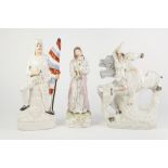 THREE NINETEENTH CENTURY STAFFORDSHIRE LARGE POTTERY FIGURES, all heightened in colours and gilt,