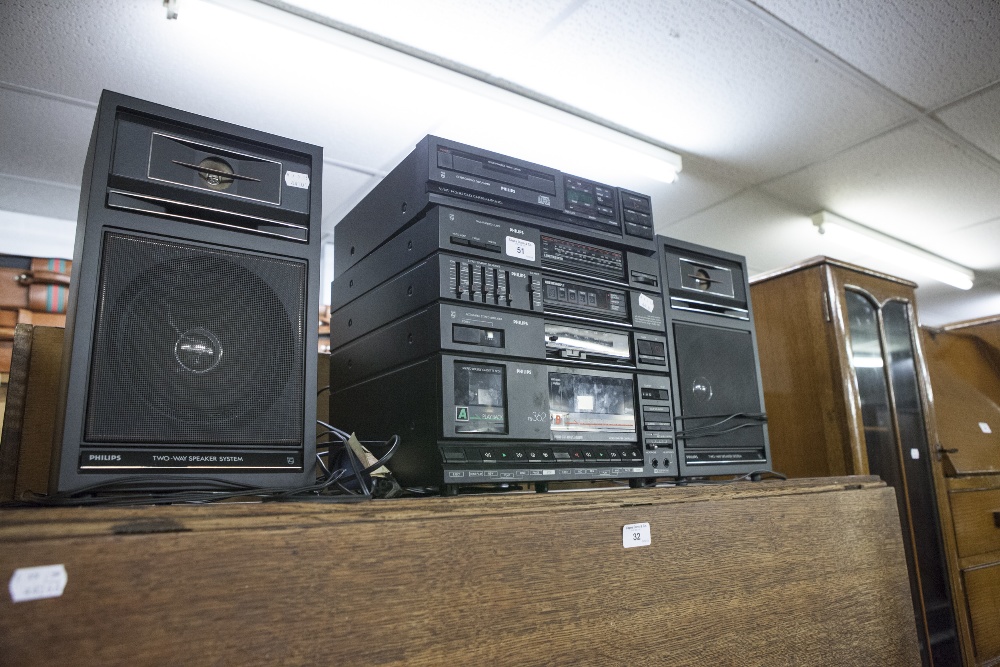 A PHILIPS STACKING STEREO AND A PAIR OF LOUD SPEAKERS