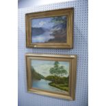 A LATE VICTORIAN OIL PAINTING ON CANVAS SIGNED ALCOCK (18) 85 AND THREE MODERN OIL PAINTINGS (4)