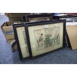 FOUR FRAMED VICTORIAN CARTOON PRINTS AND TWO OTHER PICTURES