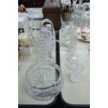 A LARGE CUT GLASS FRUIT BOWL, A CUT GLASS BASKET PATTERN BOWL, A TAPERING LARGE FLOWER VASE ETC.....