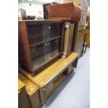 STAINED WOOD COFFEE TABLE, TV. STAND, SMALL BOOKCASE WITH GLASS SLIDING DOORS, A TEAKWOOD LOW UNIT