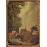 UNATTRIBUTED (LATE NINETEENTH CENTURY) OIL PAINTING ON PANEL Drover with three resting cattle in