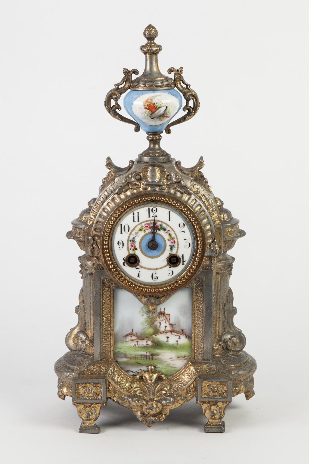 TWENTIETH CENURY GILT METAL AND PORCELAIN MANTLE CLOCK, the 3" Arabic dial with floral painted