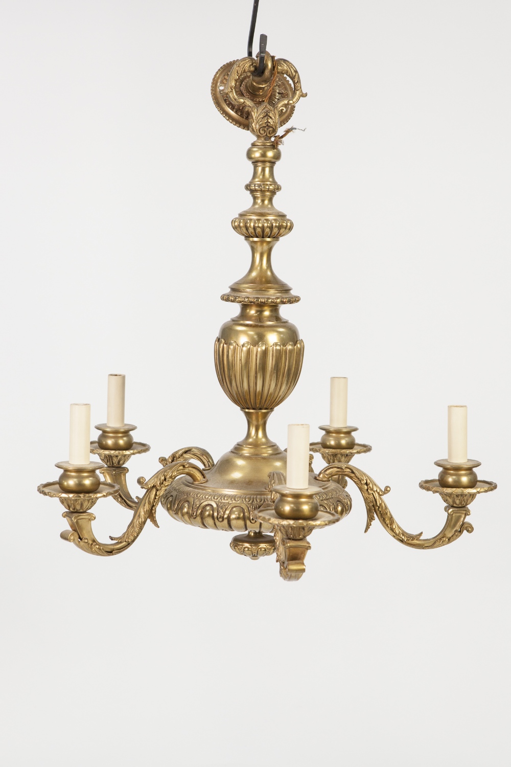 HEAVY PAIR OF ORMOLU FIVE LIGHT ELECTROLIERS, each with acanthus scroll arms and candle pattern
