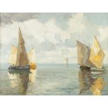ERICH MERCKER (1853-1927) OIL PAINTING ON CANVAS SEASCAPE WITH FISHING BOATS, SIGNED LOWER LEFT