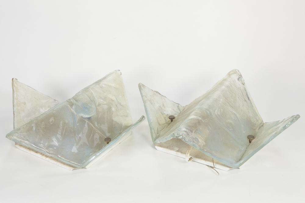 PAIR OF MODERN HEAVY MOULDED CLEAR AND VASELINE GLASS WALL LIGHTS, each of folded diamond form, with