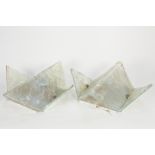 PAIR OF MODERN HEAVY MOULDED CLEAR AND VASELINE GLASS WALL LIGHTS, each of folded diamond form, with