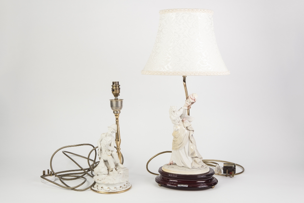 TWO MODERN CAPODIMONTE PARIAN PORCELAIN FIGURAL TABLE LAMPS, one tinted and modelled as an elegant