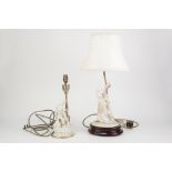 TWO MODERN CAPODIMONTE PARIAN PORCELAIN FIGURAL TABLE LAMPS, one tinted and modelled as an elegant