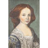 UNATTRIBUTED OIL PAINTING ON PANEL Half length portrait of a young woman in period costume 6" x 4