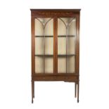 EDWARDIAN SHERATON STYLE INLAID MAHOGANY DISPLAY CABINET, the moulded oblong top above a frieze