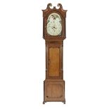 LATE EIGHTEENTH CENTURY LINE INLAID OAK AND MAHOGANY CROSSBANDED OAK LONGCASE CLOCK WITH ROLLING