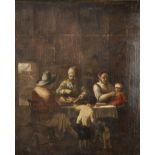 CIRCLE OF JAN VAN OSTADE OIL PAINTING ON OAK PANEL An interior with a peasant family enjoying a