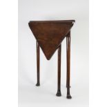 EIGHTEENTH CENTURY WALNUT TRIANGULAR DROP LEAF CORNER OCCASIONAL TABLE, the hinged top above four