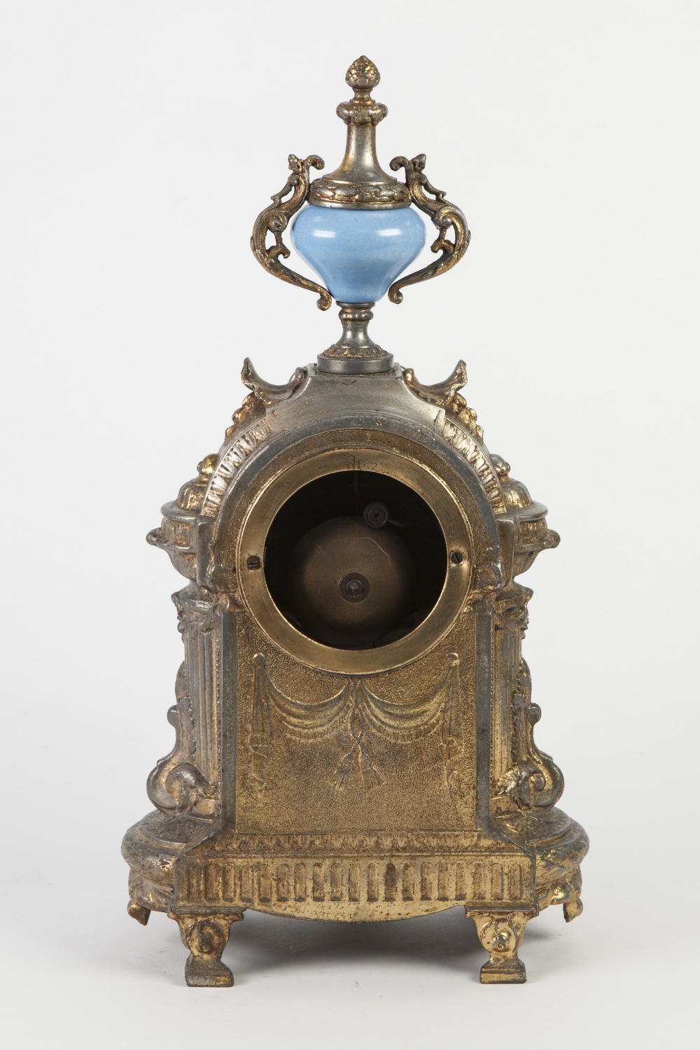 TWENTIETH CENURY GILT METAL AND PORCELAIN MANTLE CLOCK, the 3" Arabic dial with floral painted - Image 2 of 2