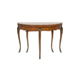 TWENTIETH CENTURY CONTINENTAL GILT METAL MOUNTED TULIP WOOD AND KINGWOOD TEA TABLE PATTERN PULL-