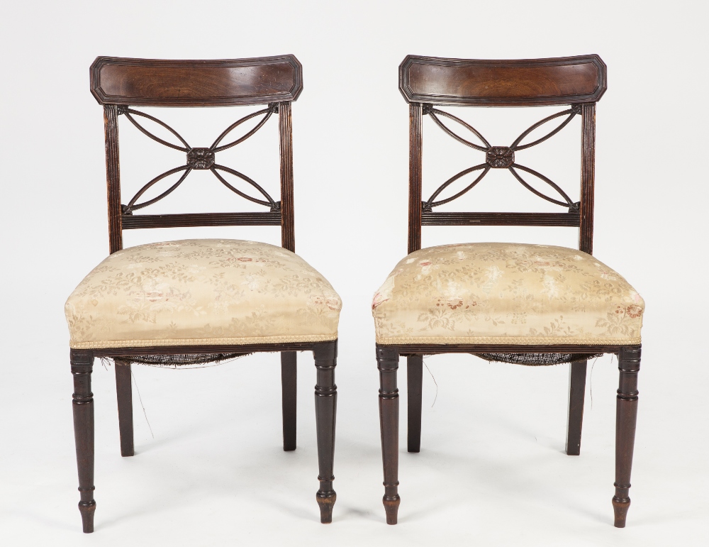 SET OF FOUR LATE GEORGIAN CARVED MAHOGANY SINGLE DINING CHAIRS, each with moulded top rail and fancy