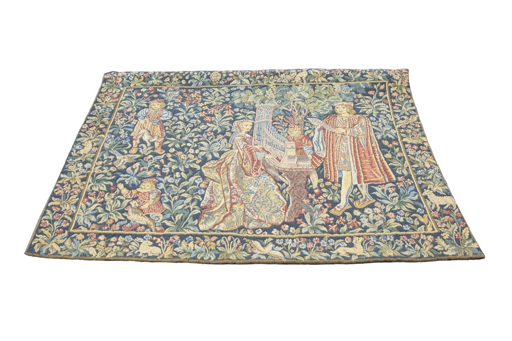 A MODERN WALL TAPESTRY BY HINES OF OXFORD, depicting a medieval scene 'The Lady at the Harpsiechord'