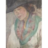 (DAME) LAURA KNIGHT (1877-1970) OIL PAINTING ON BOARD Bust length self portrait with brimmed hat