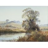 BILL HAINES (TWENTIETH CENTURY) OIL PAINTING ON CANVAS Man fishing fro the river bank by a large oak