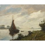 CORNELIUS ANTON BARTLES (b. 1890) OIL PAINTING ON CANVAS RIVER LANDSCAPE IN HOLLAND WITH FISHING