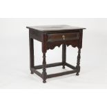 EIGHTEENTH CENTURY OAK LOW BOY OR SIDE TABLE, the moulded oblong top above a moulded drawer,