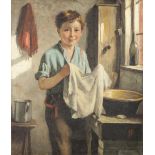 JOHN WELLS SMITH (act: 1870-1875) OIL PAINTING ON RELINED CANVAS Interior scene with young boy